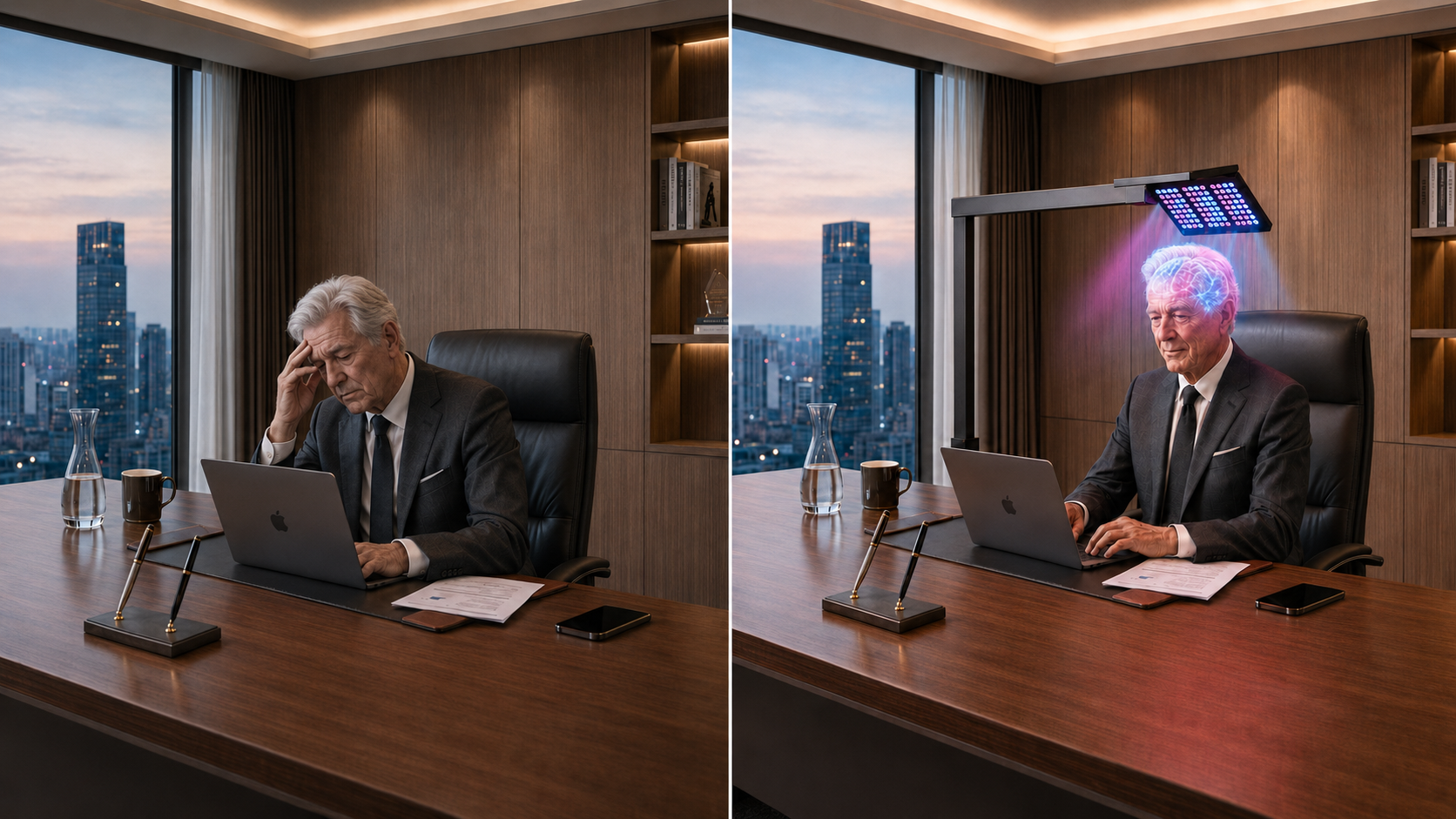 Before and after Neurelux — tired executive vs. focused and alert with DNIR brain wellness device